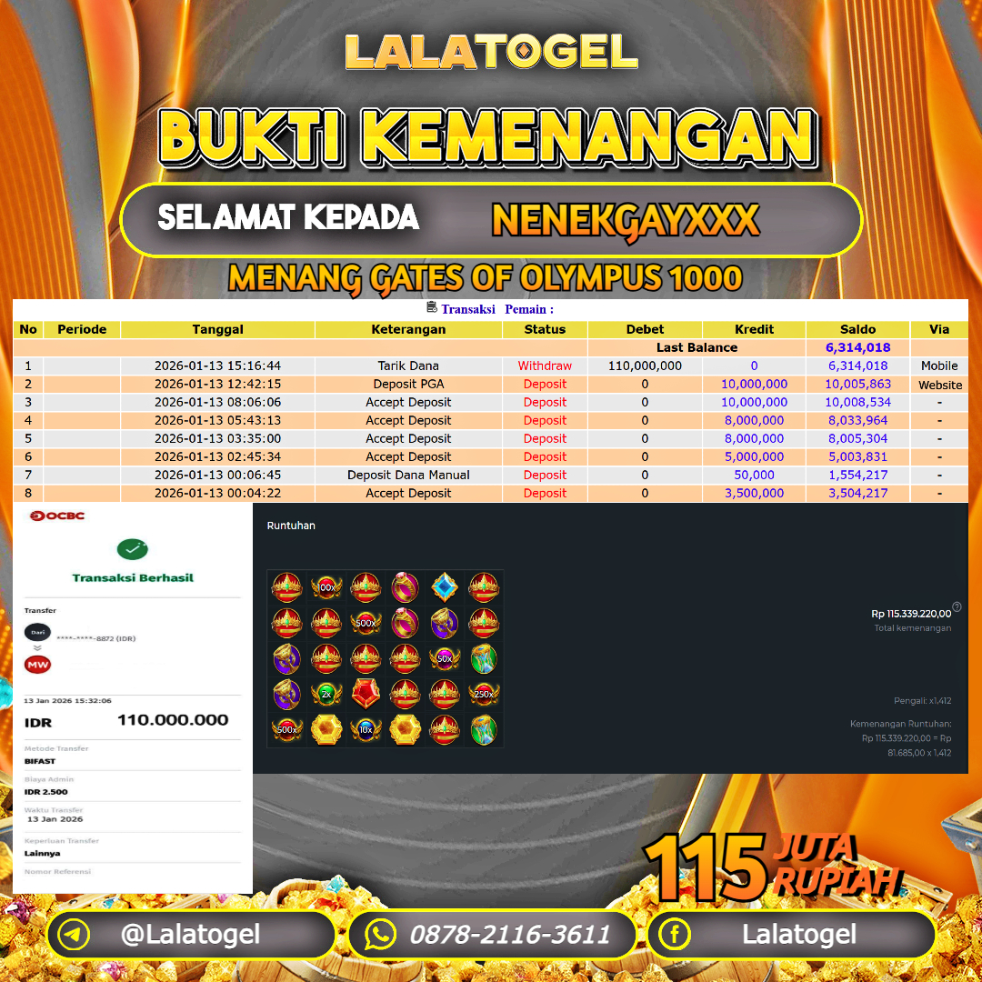 LALATOGEL JACKPOT SLOT GATES OF OLYMPUS 1000 RP.115.000.000, - LUNAS USER ID  : NENEKGAYXXX 