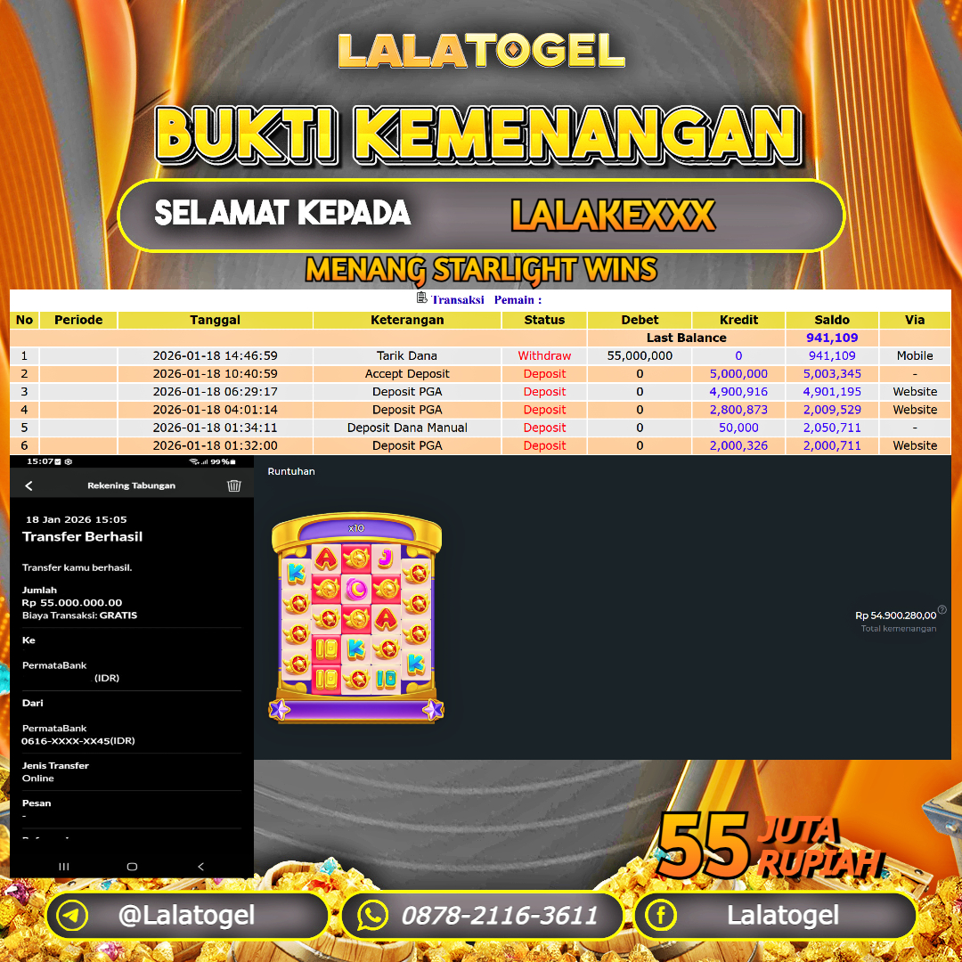 LALATOGEL JACKPOT SLOT STARLIGHT WINS RP.55.000.000, - LUNAS USER ID : LALAKEXXX 