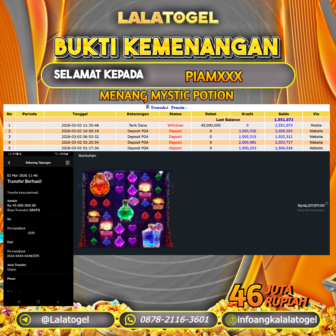 LALATOGEL JACKPOT SLOT MYSTIC POTION RP.46.000.000, - LUNAS USER ID :  PIAMXXX