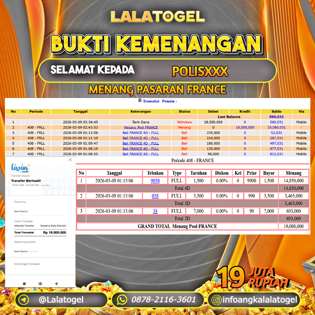 LALATOGEL JACKPOT TOGEL PASARAN FRANCE RP.19.000.000, - LUNAS USER ID : POLISXXX