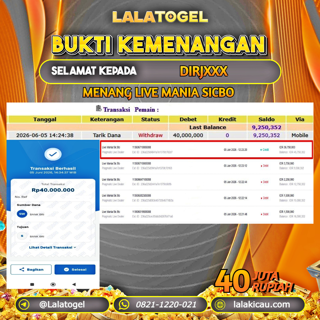 LALATOGEL JACKPOT LIVE GAMES LIVE MANIA SICBO RP.40.000.000, - LUNAS USER ID : DIRJXXX