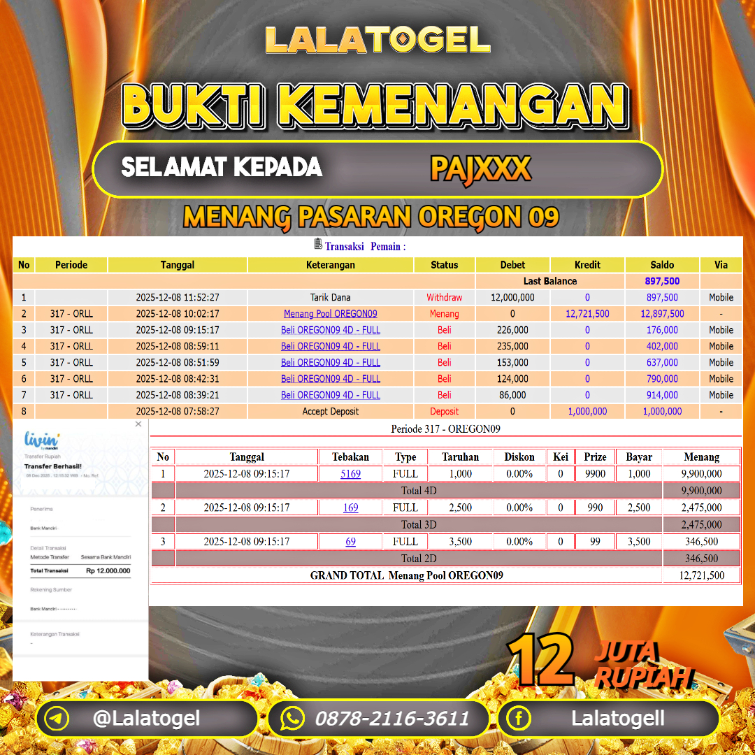 LALATOGEL JACKPOT TOGEL PASARAN OREGON 09 RP.12.000.000, - LUNAS USER ID  : PAJXXX  