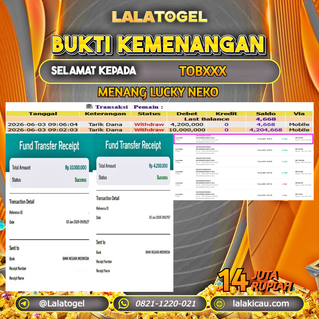 LALATOGEL JACKPOT SLOT LUCKY NEKO RP.14.000.000, - LUNAS USER ID : TOBXXX 