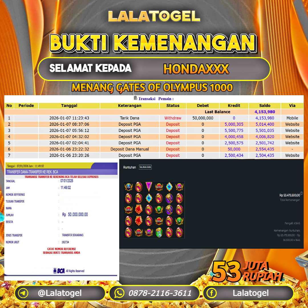 LALATOGEL JACKPOT SLOT GATES OF OLYMPUS 1000 RP.53.000.000, - LUNAS USER ID : HONDAXXX 