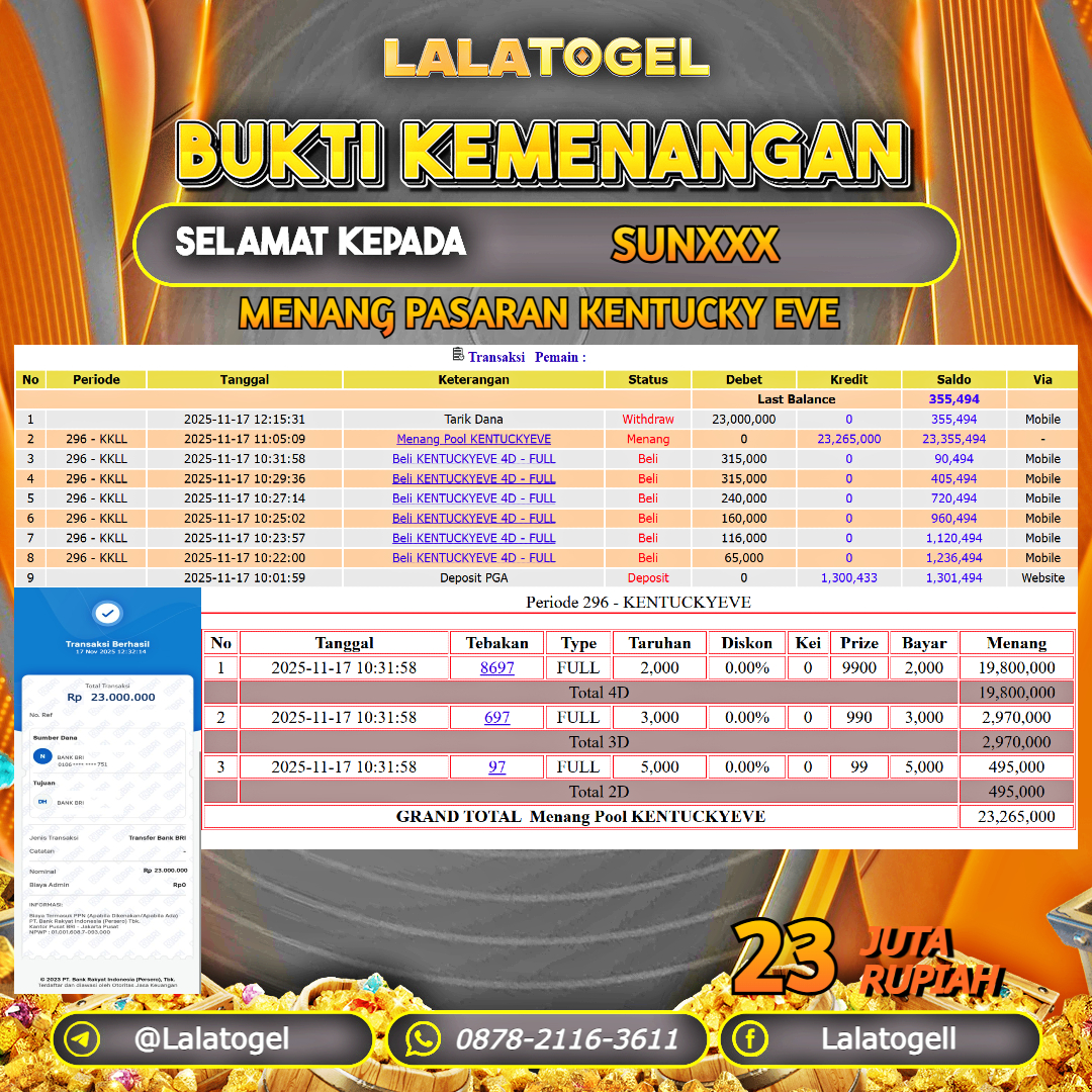 LALATOGEL JACKPOT TOGEL PASARAN KENTUCKY EVE RP.23.000.000, - LUNAS USER ID :  SUNXXX  