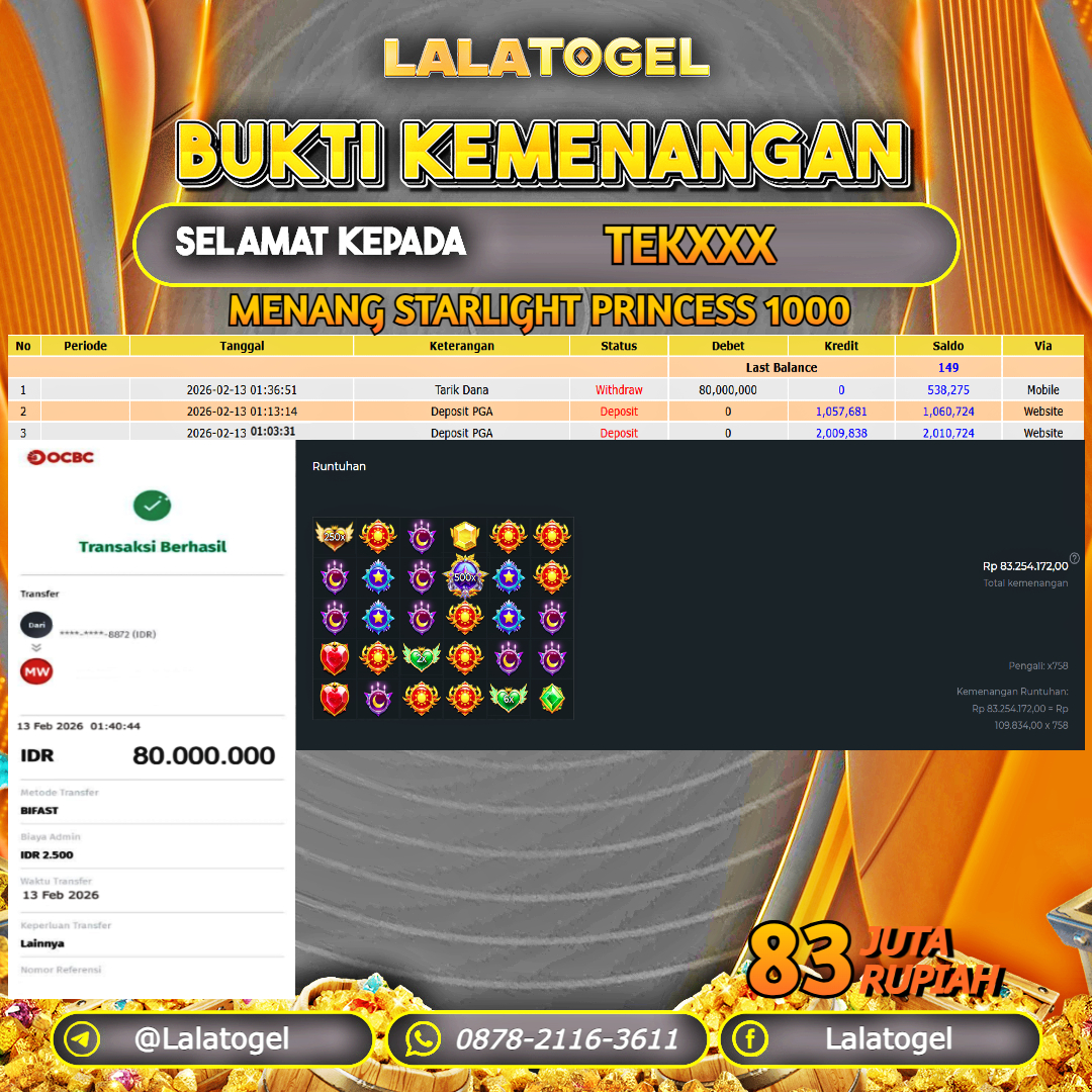 LALATOGEL JACKPOT SLOT STARLIGHT PRINCESS 1000 RP.83.000.000, - LUNAS USER ID : TEKXXX