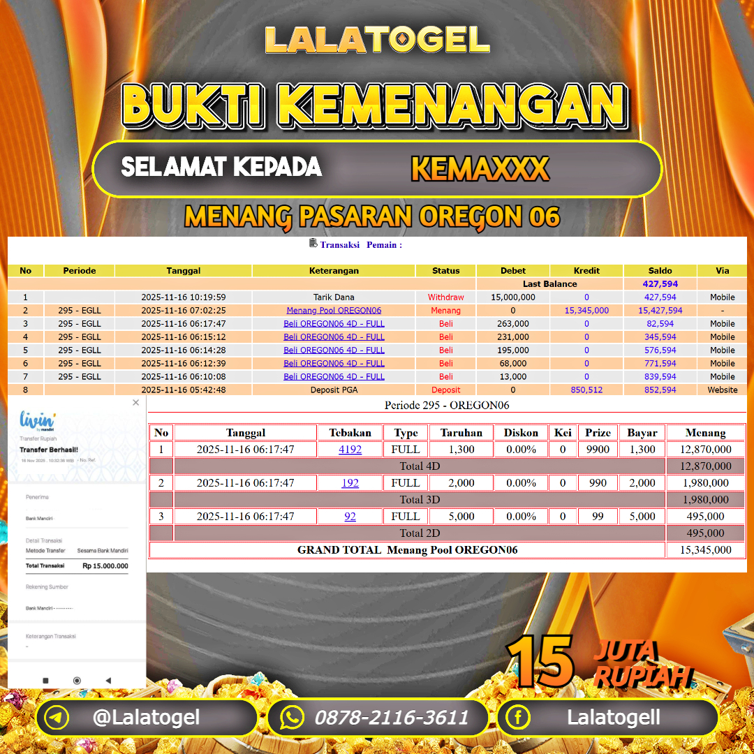 LALATOGEL JACKPOT TOGEL PASARAN OREGON 06 RP.15.000.000, - LUNAS USER ID :   KEMAXXX  