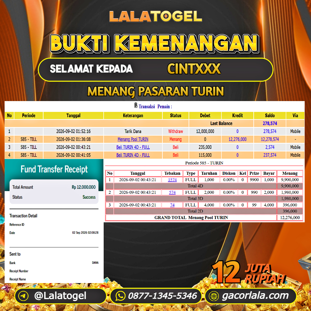 LALATOGEL JACKPOT TOGEL PASARAN TURIN RP.12.000.000, - LUNAS USER ID :  CINTXXX