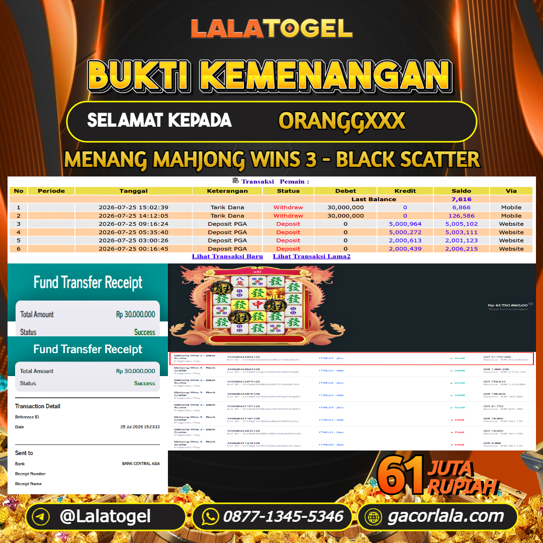 LALATOGEL JACKPOT SLOT GAMES MAHJONG WINS 3 - BLACK SCATTER RP.61.000.000, - LUNAS USER ID : ORANGGXXX