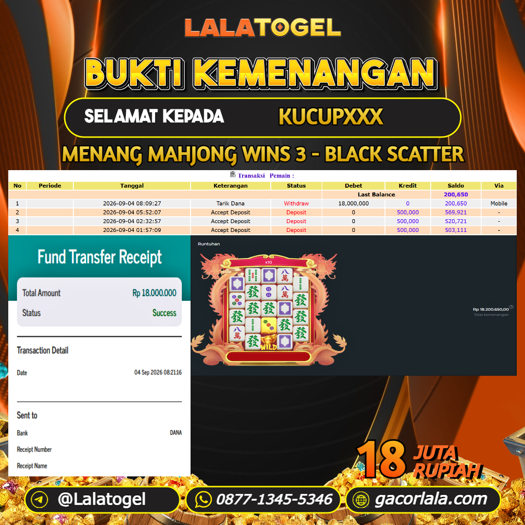 LALATOGEL JACKPOT SLOT GAMES MAHJONG WINS 3 - BLACK SCATTER RP.18.000.000, - LUNAS USER ID : KUCUPXXX