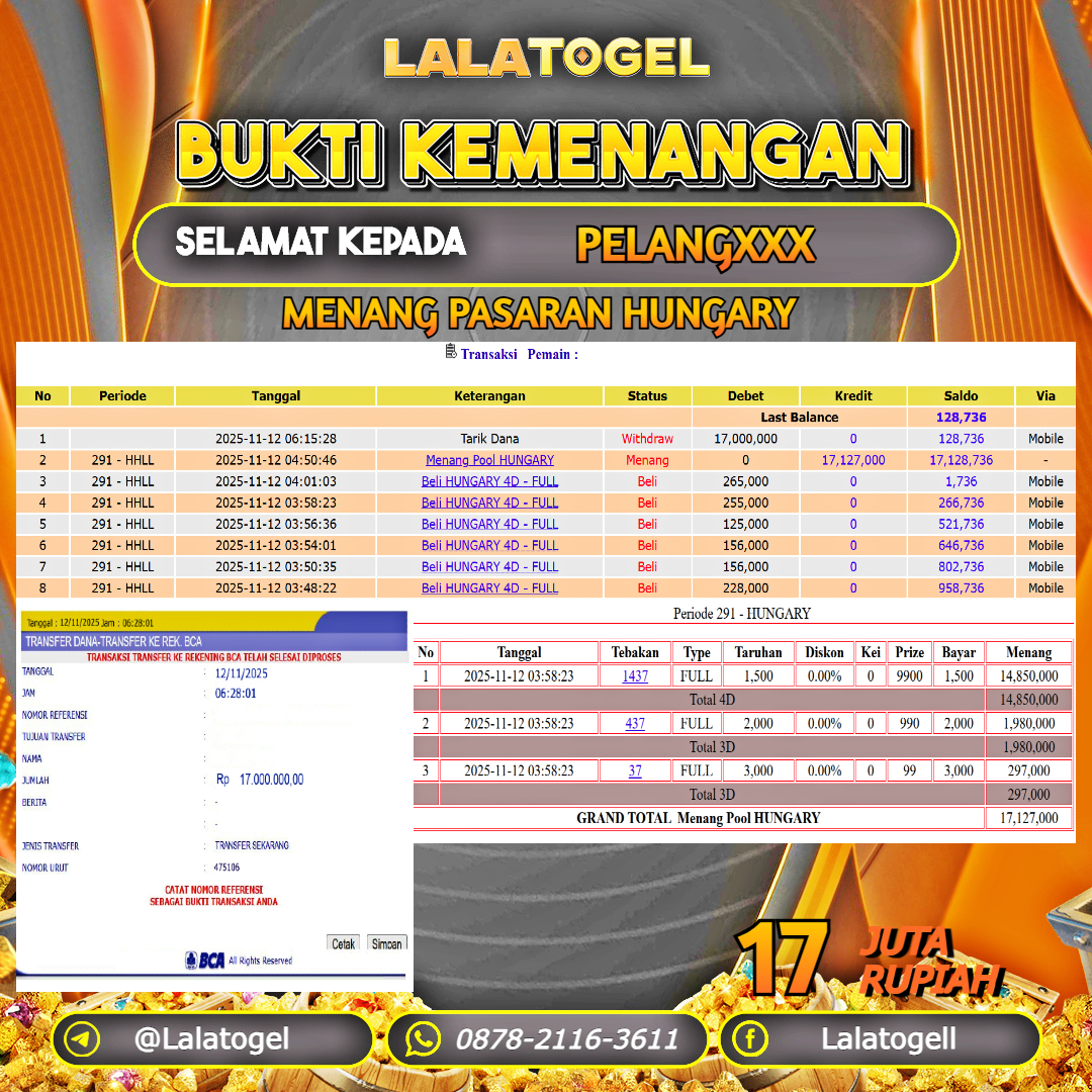 LALATOGEL JACKPOT TOGEL PASARAN HUNGARY RP.17.000.000, - LUNAS USER ID :   PELANGXXX  