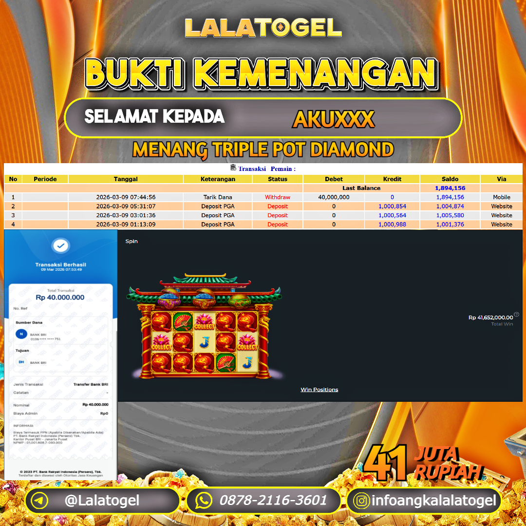 LALATOGEL JACKPOT SLOT TRIPLE POT DIAMOND RP.41.000.000, - LUNAS USER ID :  AKUXXX