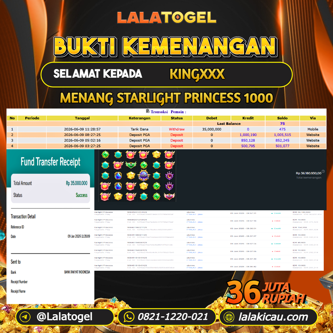 LALATOGEL JACKPOT SLOT STARLIGHT PRINCESS 1000 RP.36.000.000, - LUNAS USER ID : KINGXXX 