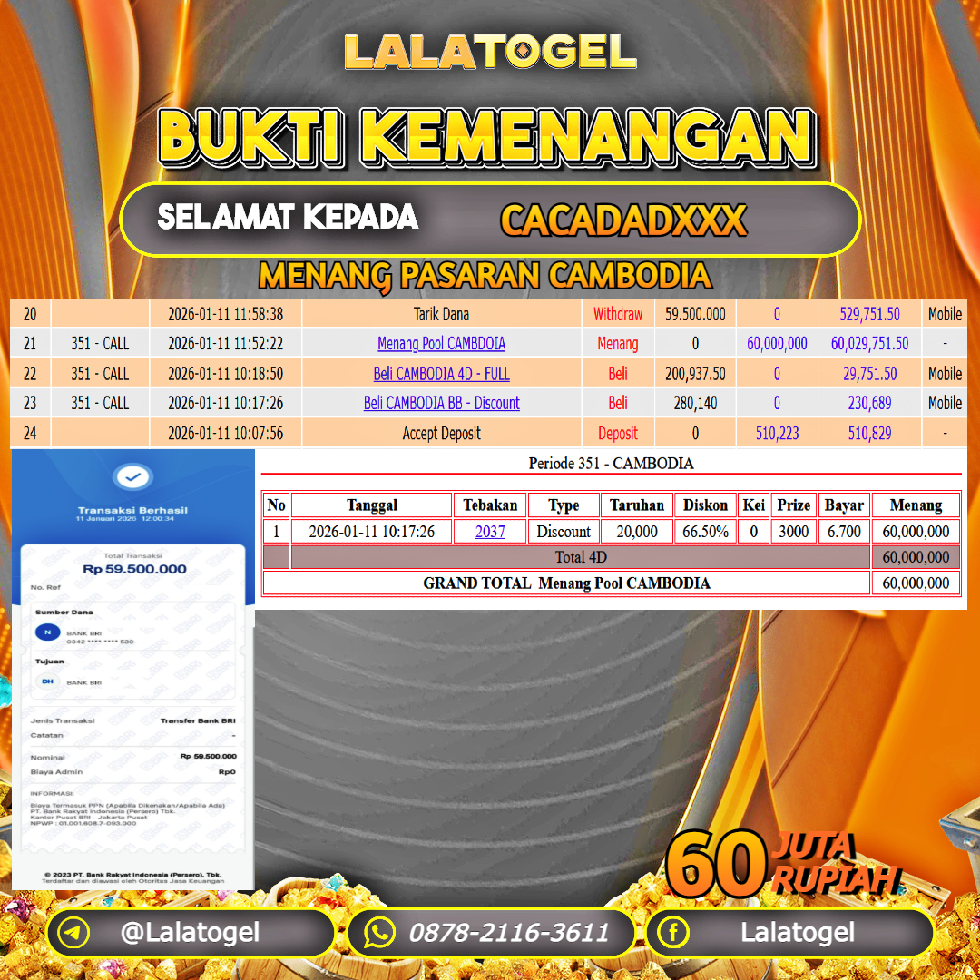 LALATOGEL JACKPOT TOGEL PASARAN CAMBODIA RP.60.000.000, - LUNAS USER ID : CACADADXXX 