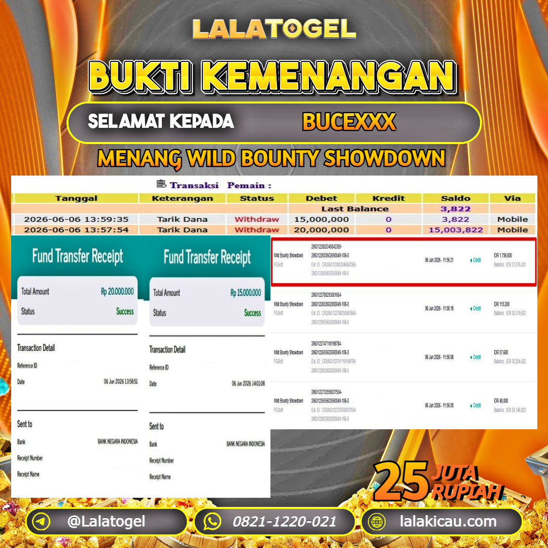 LALATOGEL JACKPOT SLOT WILD BOUNTY SHOWDOWN RP.25.000.000, - LUNAS USER ID : BUCEXXX 