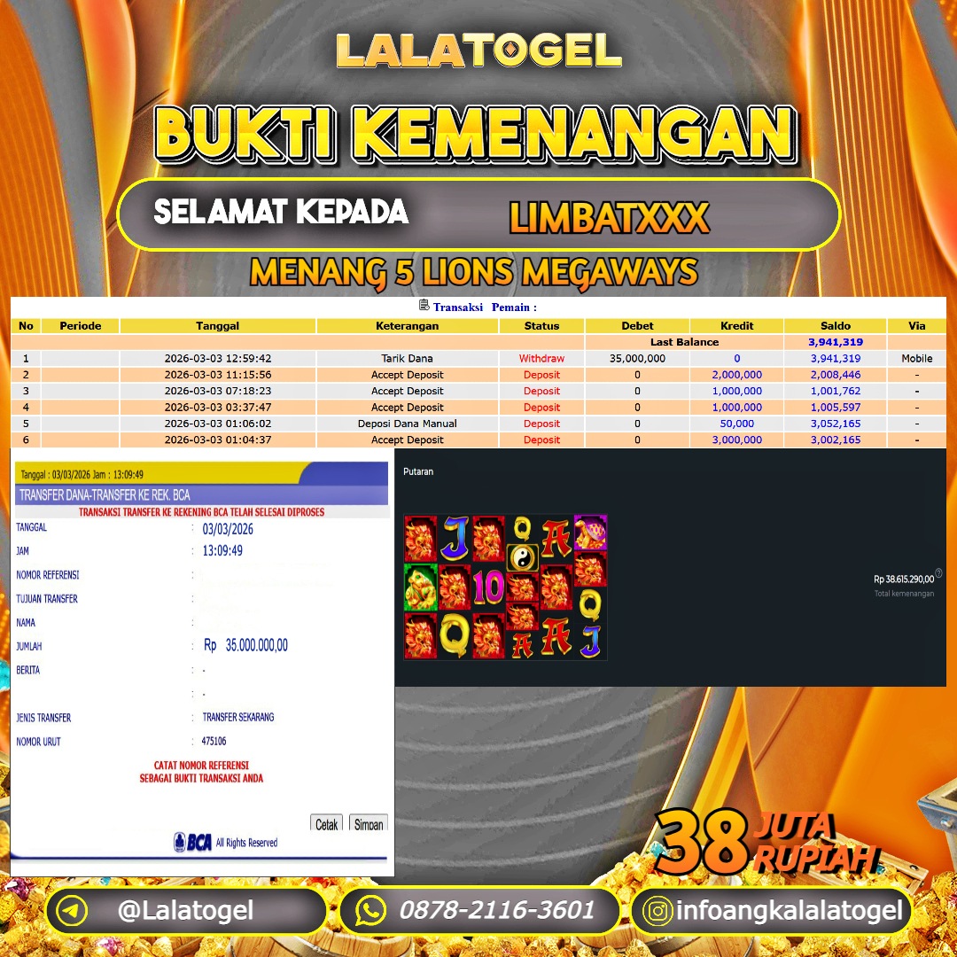 LALATOGEL JACKPOT SLOT 5 LIONS MEGAWAYS RP.38.000.000, - LUNAS USER ID : LIMBATXXX