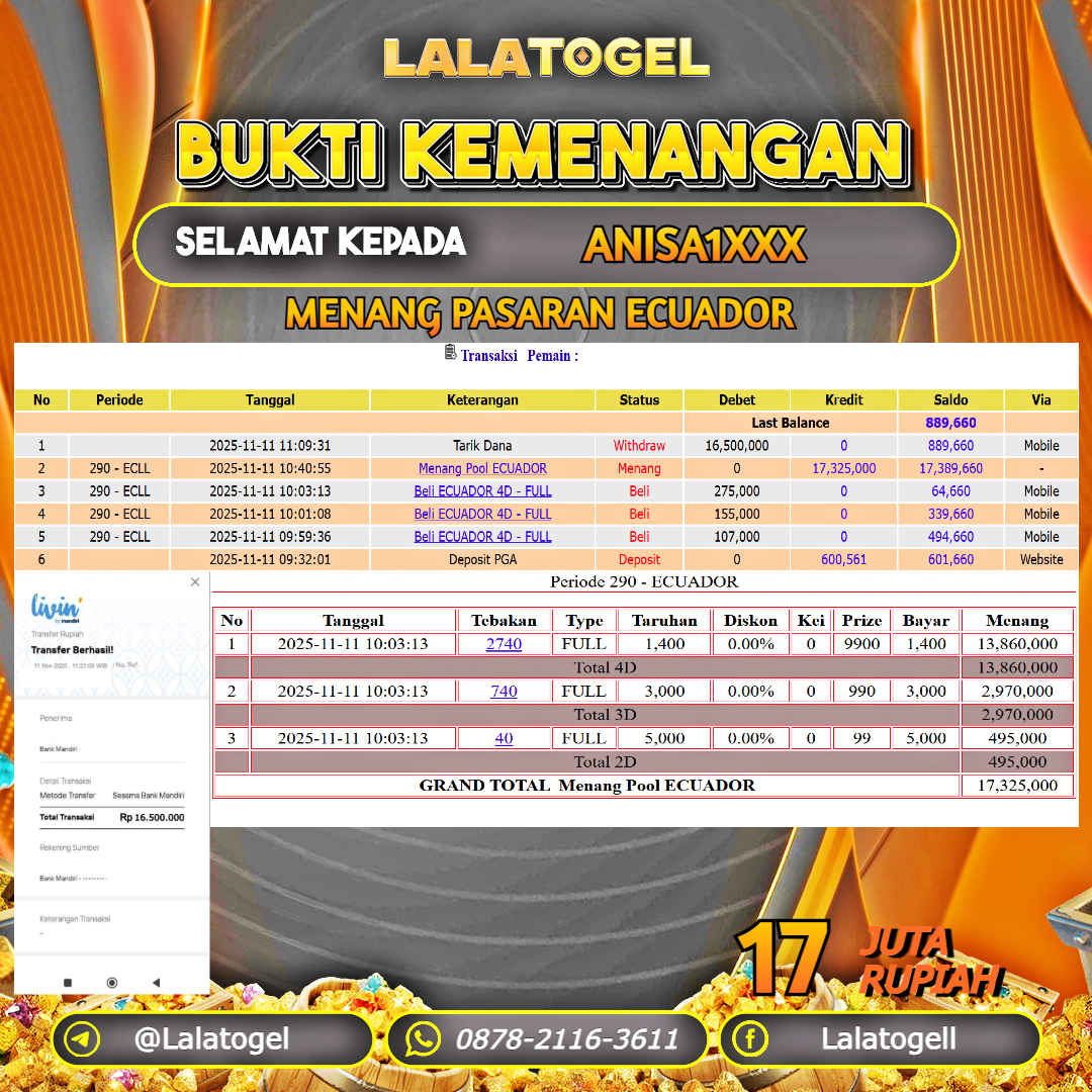 LALATOGEL JACKPOT TOGEL PASARAN ECUADOR RP.17.000.000, - LUNAS USER ID :    ANISA1XXX  