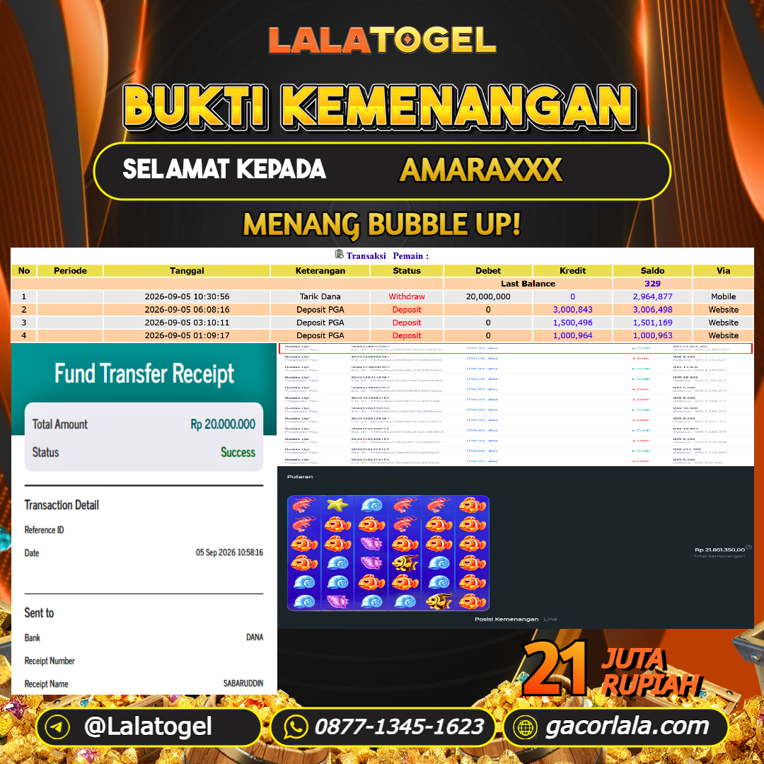 LALATOGEL JACKPOT SLOT GAMES BUBBLE UP! RP.21.000.000, - LUNAS USER ID :  AMARAXXX