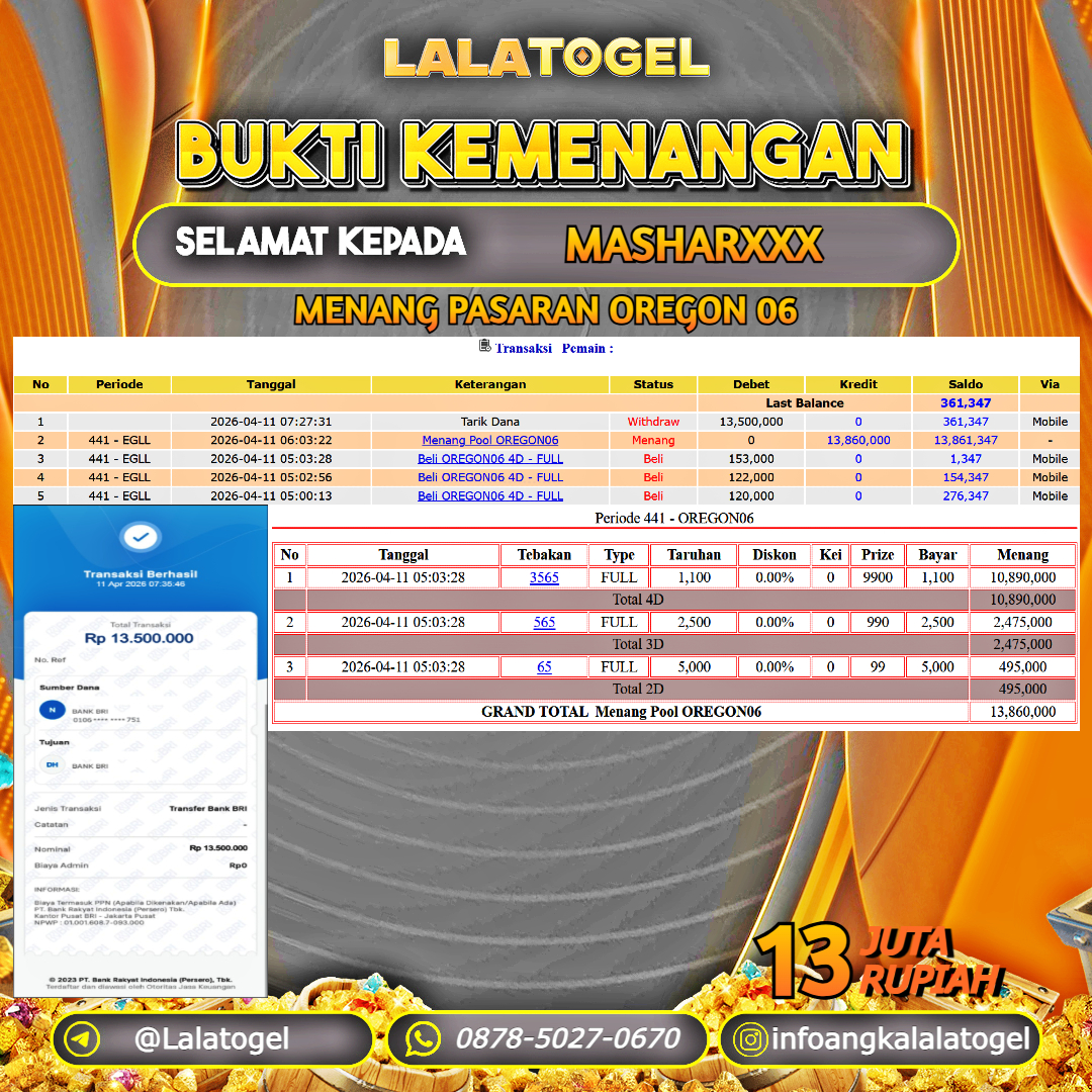 LALATOGEL JACKPOT TOGEL PASARAN OREGON 06 RP.13.000.000, - LUNAS USER ID : MASHARXXX