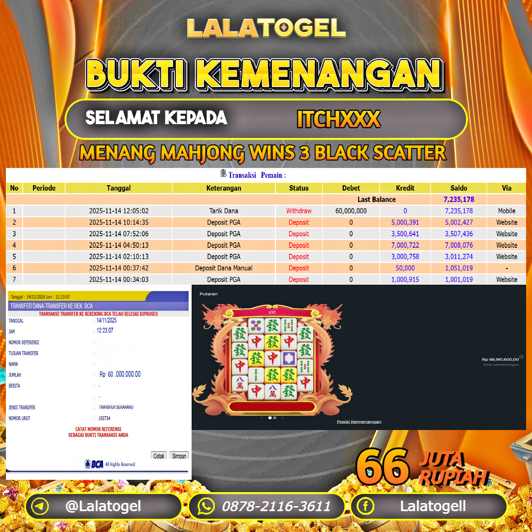 LALATOGEL JACKPOT SLOT MAHJONG WINS 3 BLACK SCATTER RP.66.000.000, - LUNAS USER  ID  :  ITCHXXX