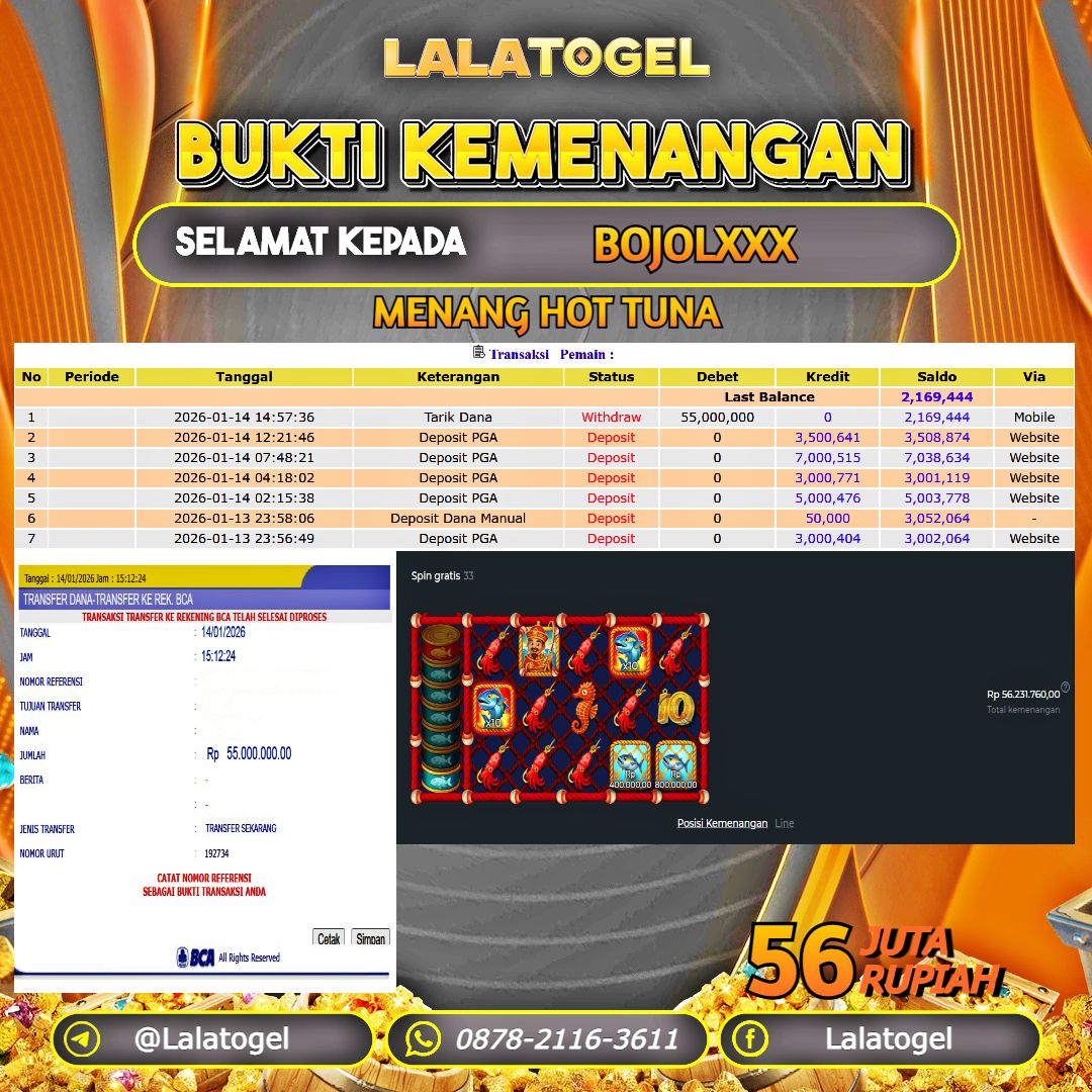 LALATOGEL JACKPOT SLOT HOT TUNA RP.56.000.000, - LUNAS USER ID  : BOJOLXXX  