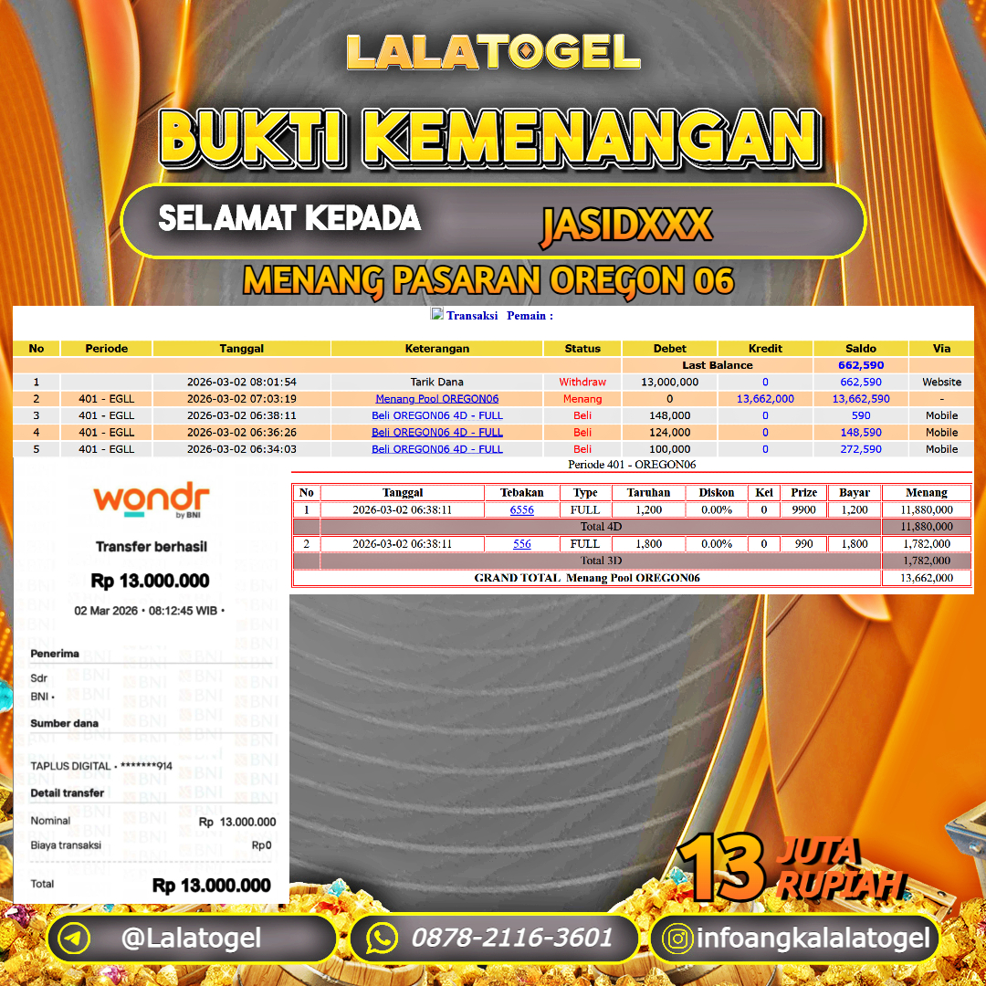 LALATOGEL JACKPOT TOGEL PASARAN OREGON 06 RP.13.000.000, - LUNAS USER ID : JASIDXXX