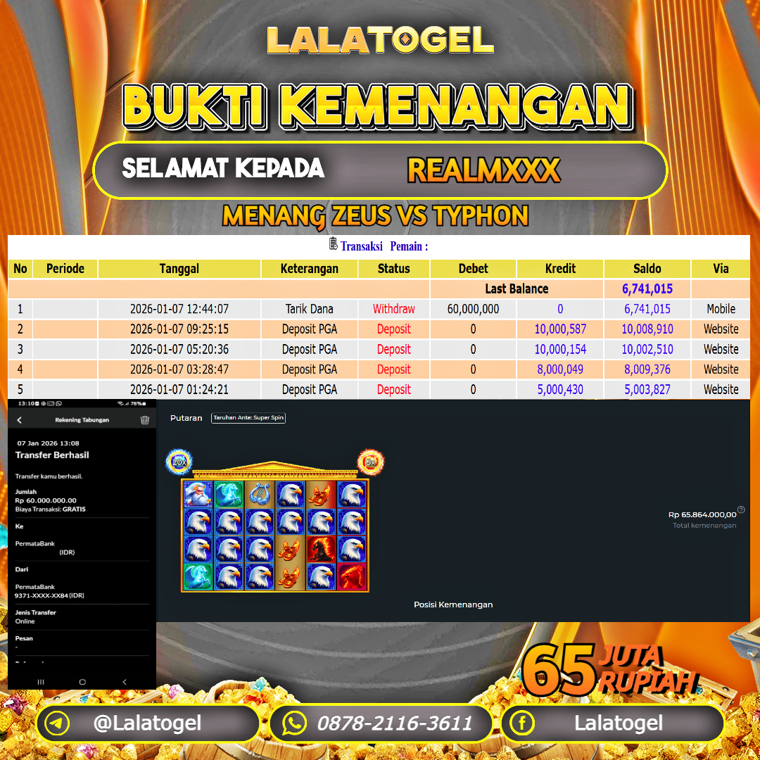 LALATOGEL JACKPOT SLOT ZEUS VS TYPHON RP.65.000.000, - LUNAS USER ID : REALMXXX 