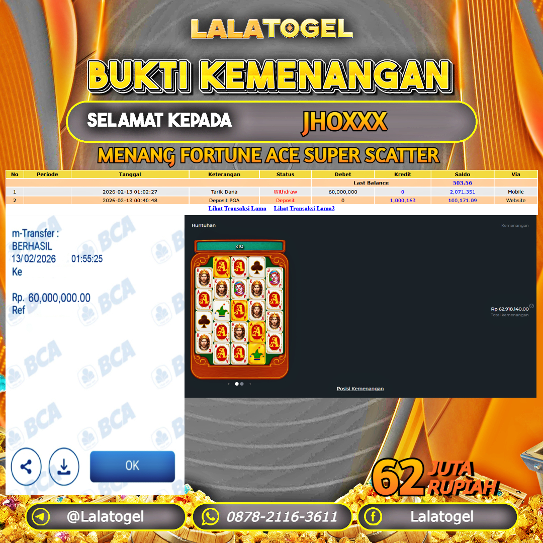 LALATOGEL JACKPOT SLOT FORTUNE ACE SUPER SCATTER RP.62.000.000, - LUNAS USER ID :  JHOXXX