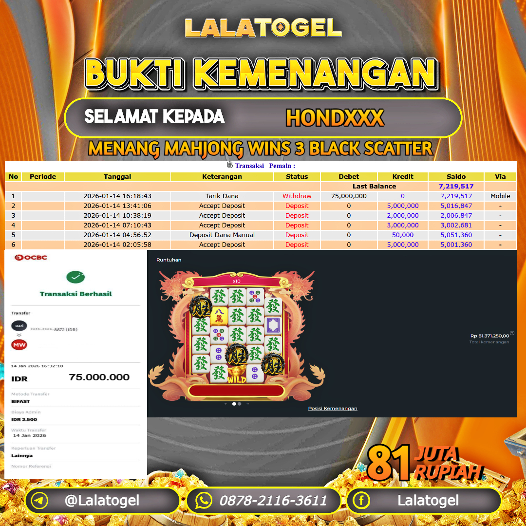 LALATOGEL JACKPOT SLOT MAHJONG WINS 3 BLACK SCATTER RP.81.000.000, - LUNAS USER ID  :  HONDXXX 