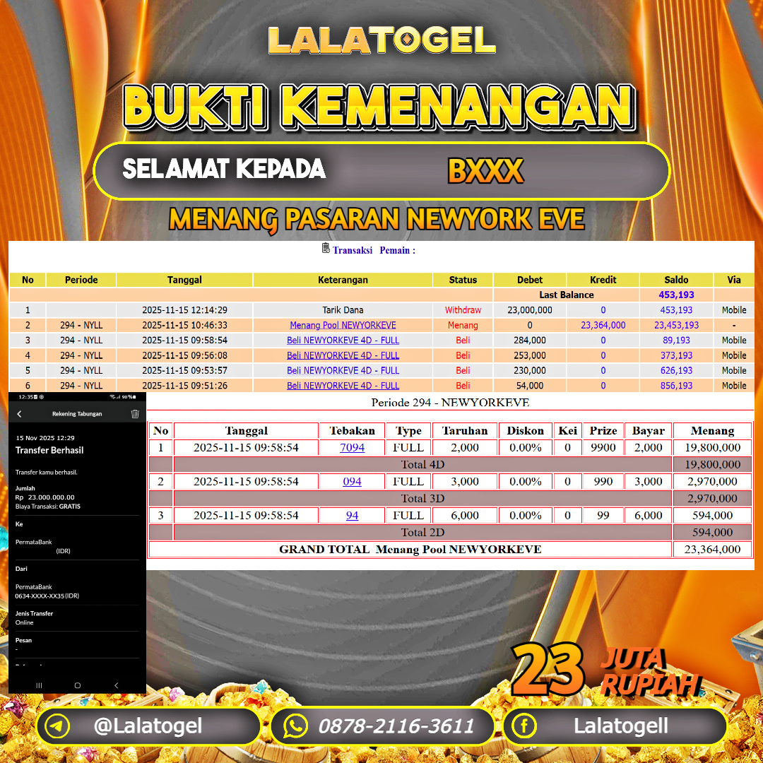 LALATOGEL JACKPOT TOGEL PASARAN NEWYORK EVE RP.23.000.000, - LUNAS USER ID :   BXXX  