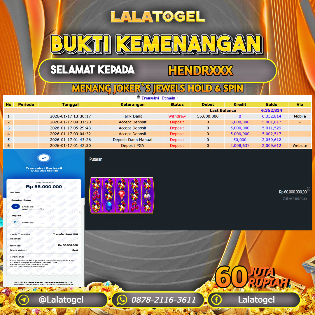 LALATOGEL JACKPOT SLOT JOKER`S JEWELS HOLD & SPIN RP.60.000.000, - LUNAS USER ID :  HENDRXXX 