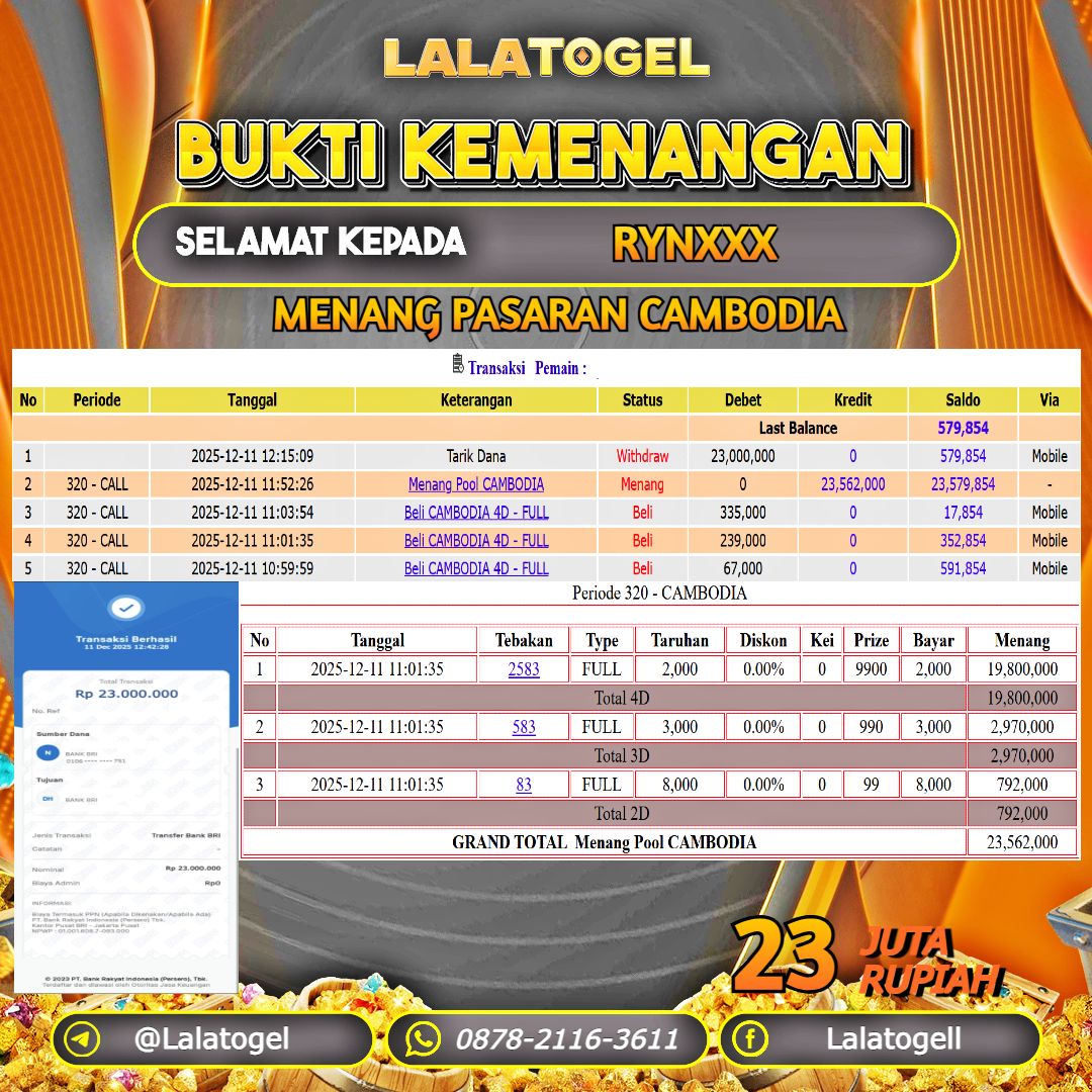LALATOGEL JACKPOT TOGEL PASARAN CAMBODIA RP.23.000.000, - LUNAS USER ID : RYNXXX	