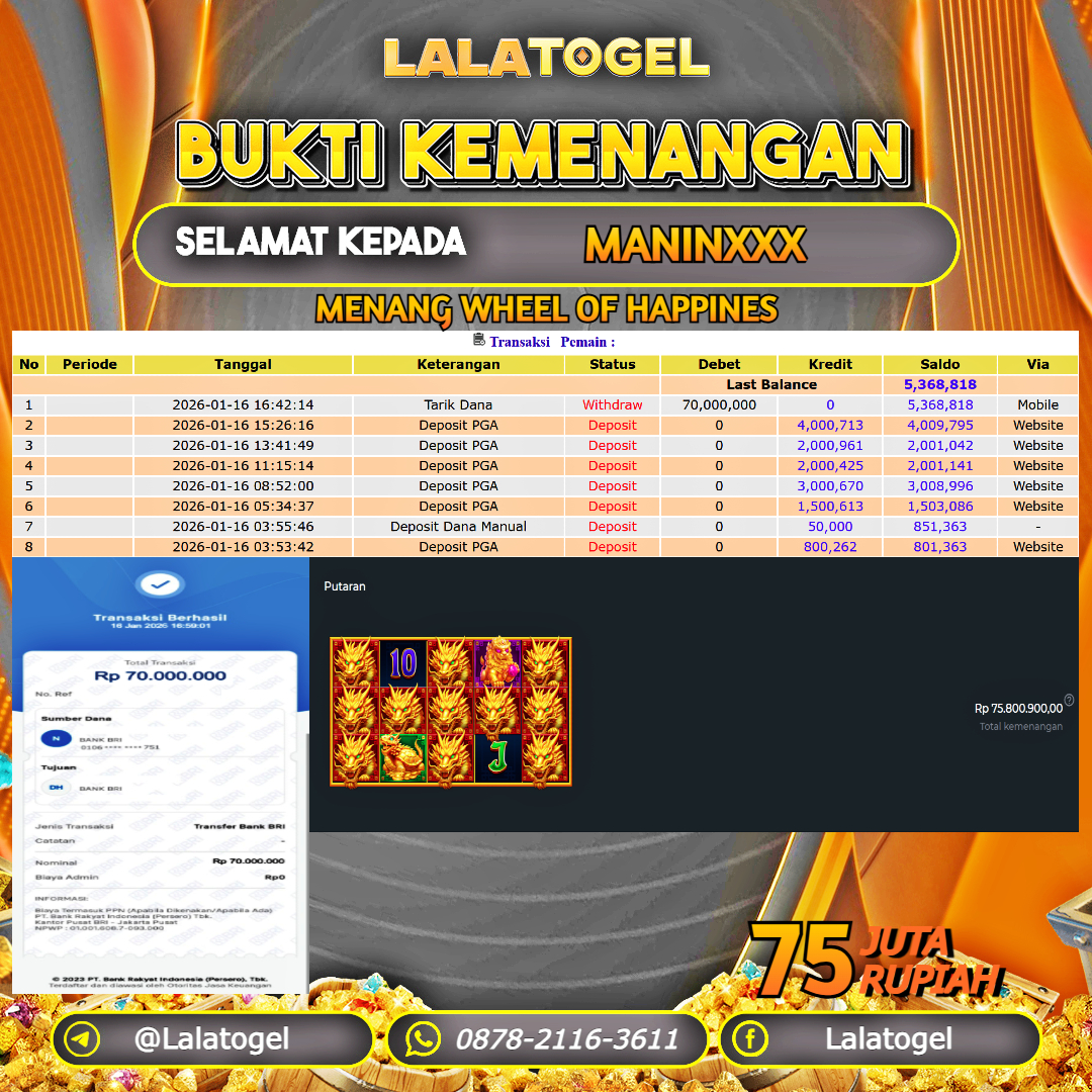 LALATOGEL JACKPOT SLOT WHEEL OF HAPPINES RP.75.000.000, - LUNAS USER ID : MANINXXX