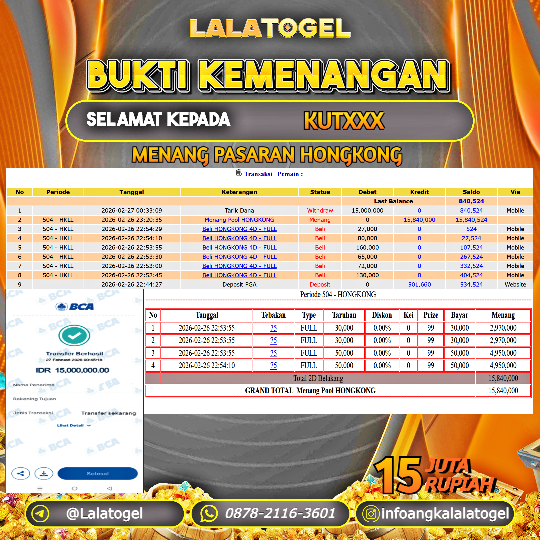LALATOGEL JACKPOT TOGEL PASARAN HONGKONG RP.15.000.000, - LUNAS USER ID : KUTXXX 