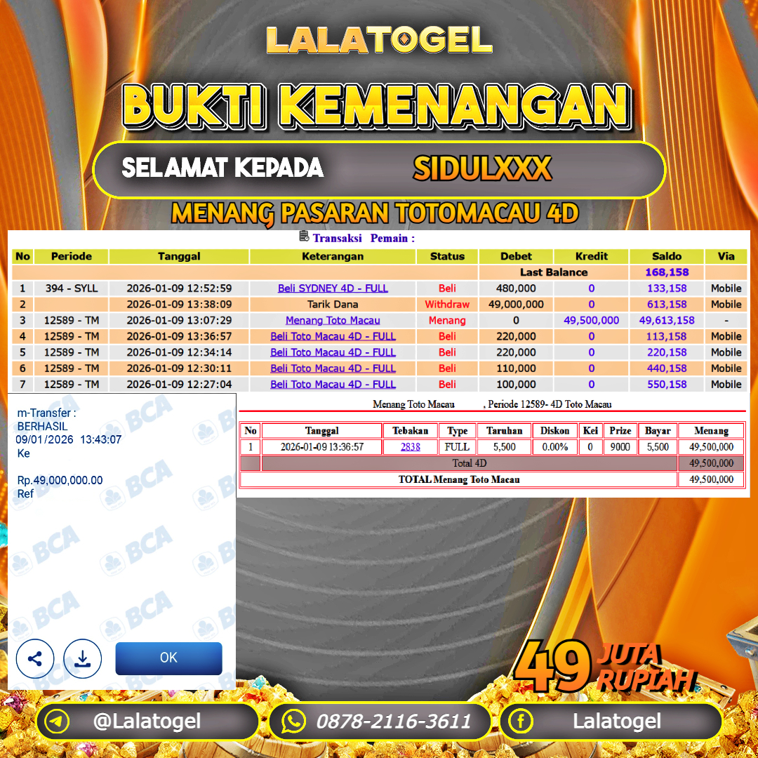 LALATOGEL JACKPOT TOGEL PASARAN TOTOMACAU 4D RP.49.000.000, - LUNAS USER ID :  SIDULXXX 