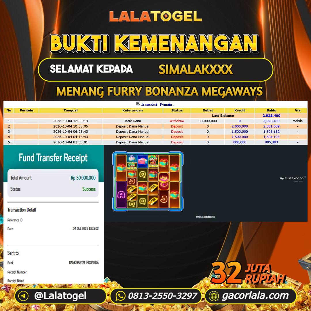 LALATOGEL JACKPOT SLOT GAMES FURRY BONANZA MEGAWAYS RP.32.000.000, - LUNAS USER ID : SIMALAKXXX