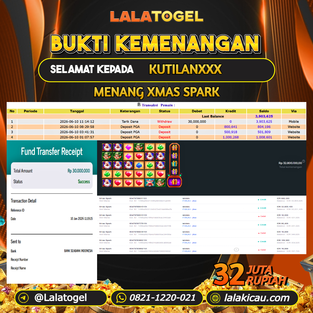 LALATOGEL JACKPOT SLOT XMAS SPARK RP.32.000.000, - LUNAS USER ID : KUTILANXXX 