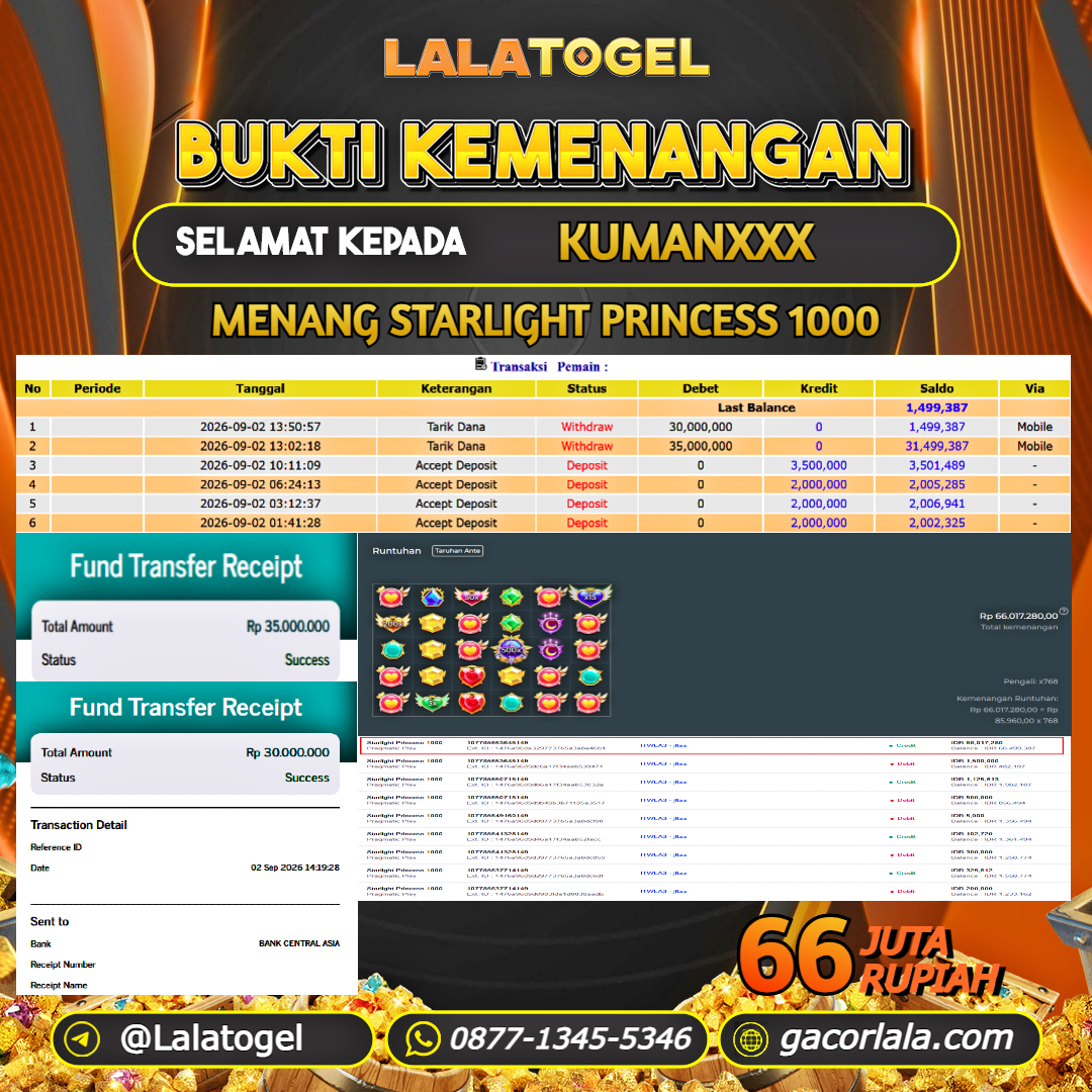 LALATOGEL JACKPOT SLOT GAMES STARLIGHT PRINCESS 1000 RP.66.000.000, - LUNAS USER ID : KUMANXXX