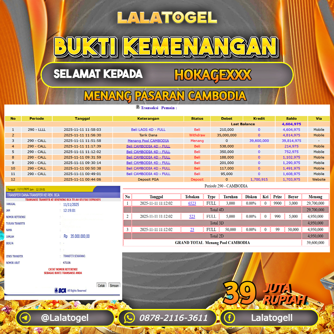 LALATOGEL JACKPOT TOGEL PASARAN CAMBODIA RP.39.000.000, - LUNAS USER ID :    HOKAGEXXX  