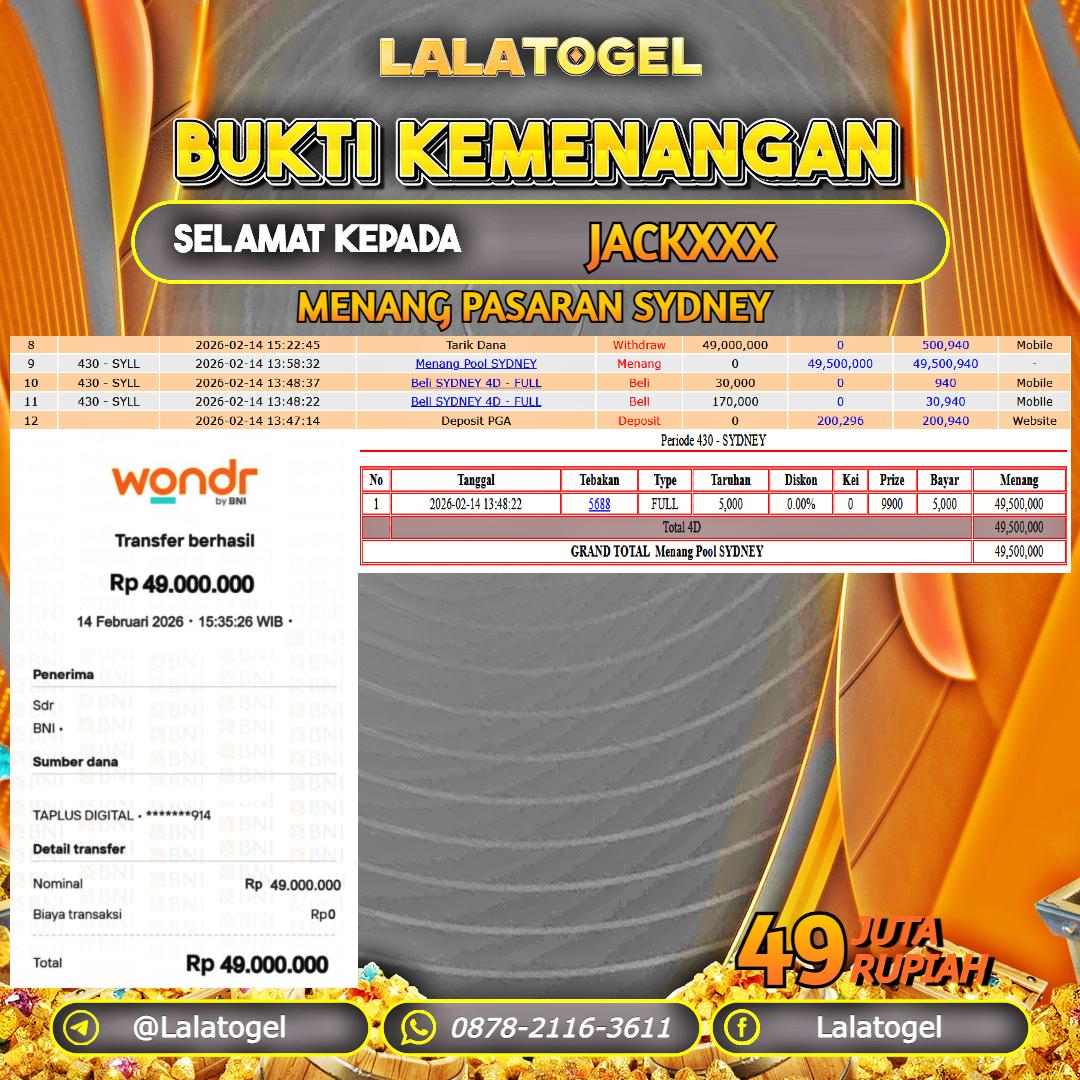 LALATOGEL JACKPOT TOGEL PASARAN SYDNEY RP.49.000.000, - LUNAS USER ID : JACKXXX 