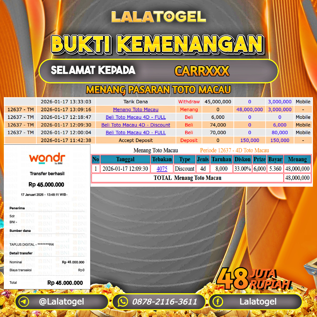 LALATOGEL JACKPOT TOGEL PASARAN TOTO MACAU RP.48.000.000, - LUNAS USER ID :  CARRXXX 