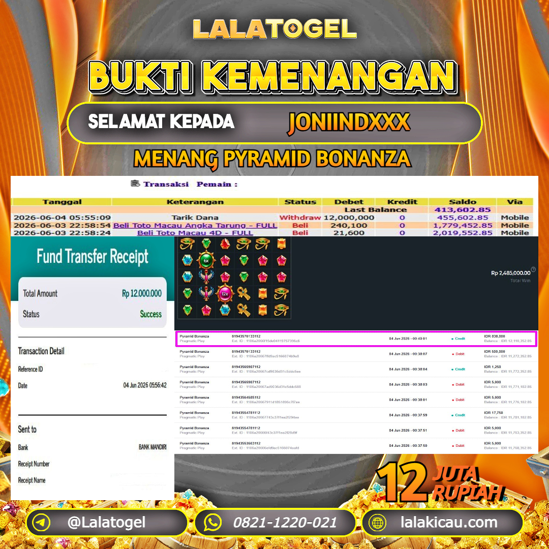 LALATOGEL JACKPOT SLOT PYRAMID BONANZA RP.12.000.000, - LUNAS USER ID :  JONIINDXXX 