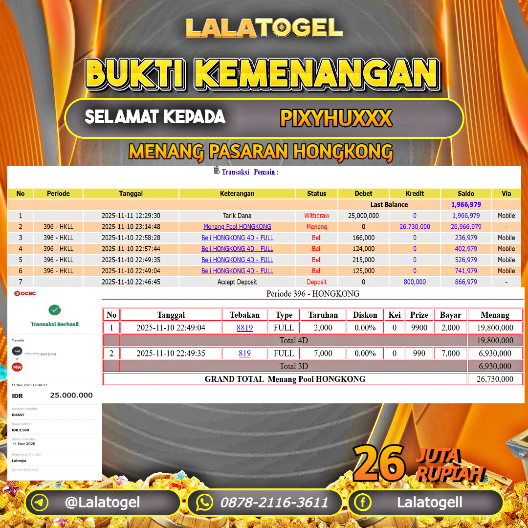 LALATOGEL JACKPOT TOGEL PASARAN HONGKONG RP.26.000.000, - LUNAS USER ID :   PIXYHUXXX  