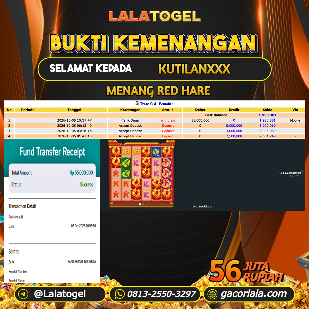 LALATOGEL JACKPOT SLOT GAMES RED HARE RP.56.000.000, - LUNAS USER ID : KUTILANXXX