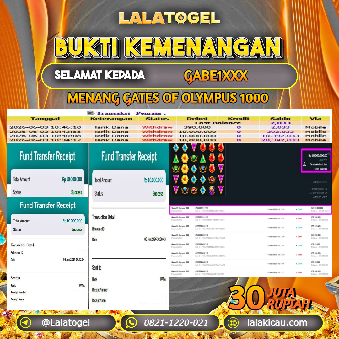 LALATOGEL JACKPOT SLOT GATES OF OLYMPUS 1000 RP.30.000.000, - LUNAS USER ID : GABE1XXX 