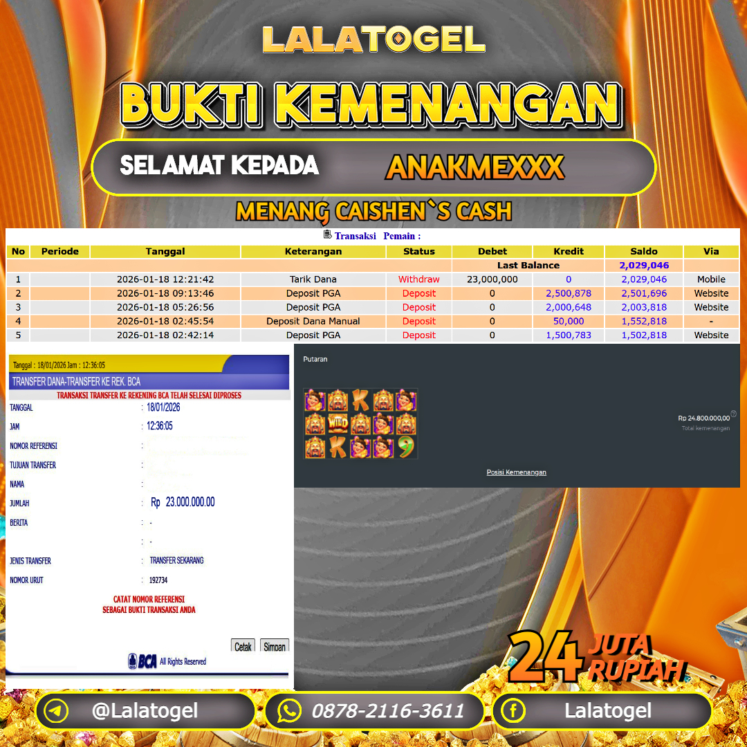 LALATOGEL JACKPOT SLOT CAISHEN`S CASH RP.24.000.000, - LUNAS USER ID : ANAKMEXXX 