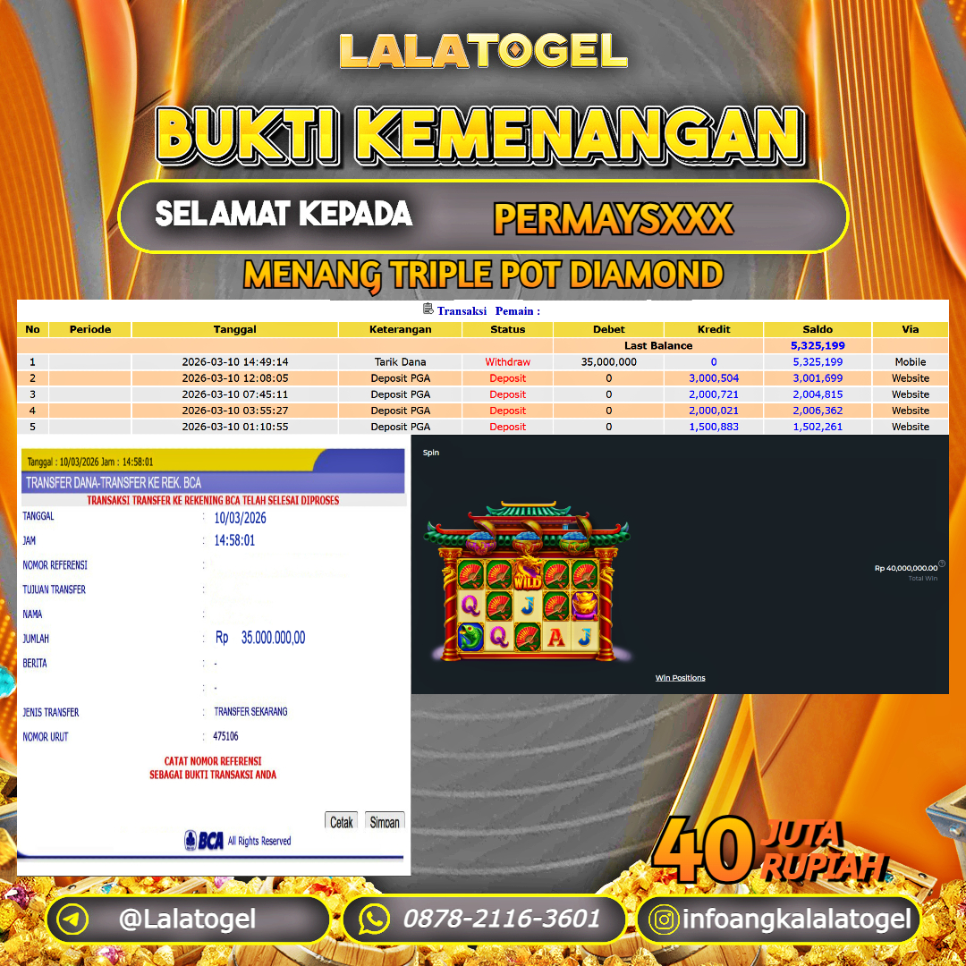 LALATOGEL JACKPOT SLOT TRIPLE POT DIAMOND RP.40.000.000, - LUNAS USER ID :  PERMAYSXXX