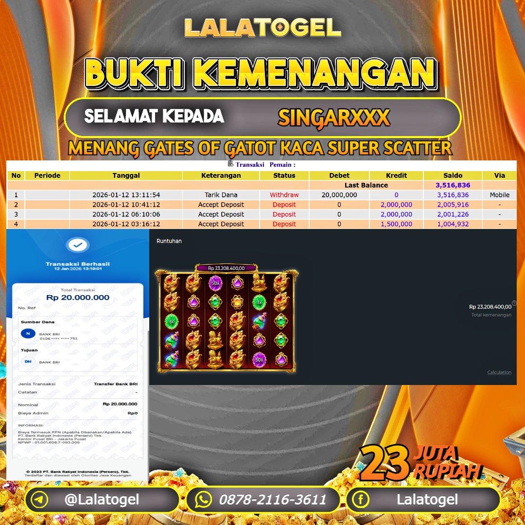 LALATOGEL JACKPOT SLOT GATES OF GATOT KACA SUPER SCATTER RP.23.000.000, - LUNAS USER ID : SINGARXXX 