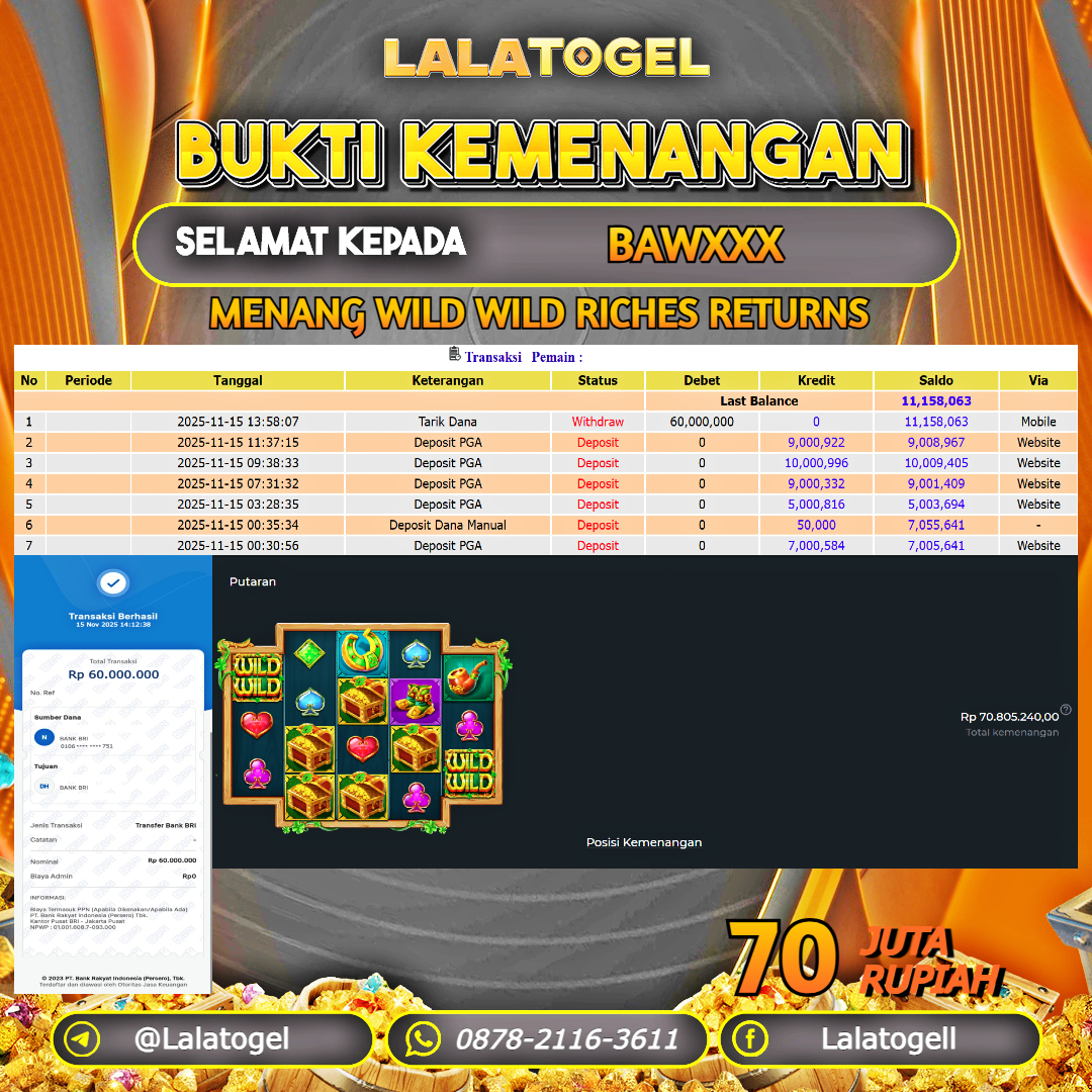 LALATOGEL JACKPOT SLOT WILD WILD RICHES RETURNS RP.70.000.000, - LUNAS USER  ID  :  BAWXXX