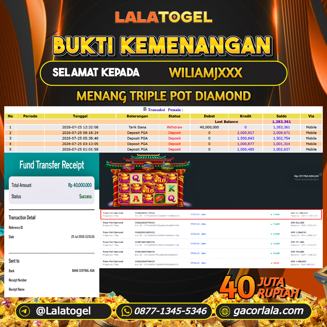 LALATOGEL JACKPOT SLOT GAMES TRIPLE POT DIAMOND RP.40.000.000, - LUNAS USER ID : WILIAMJXXX 